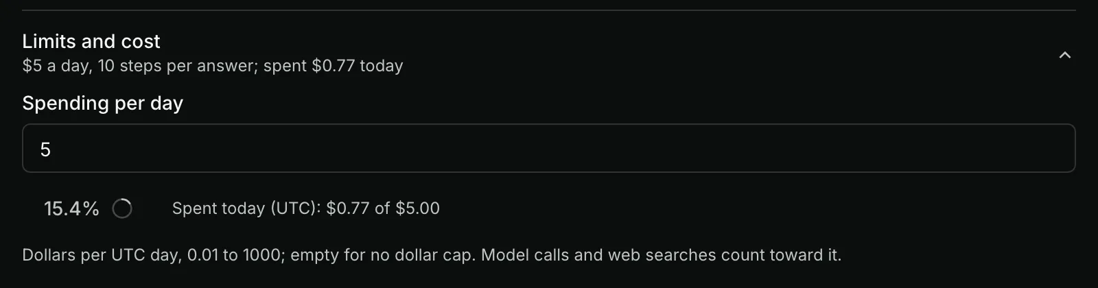 An agent's daily cost cap: five dollars a day, with today's spending against it.