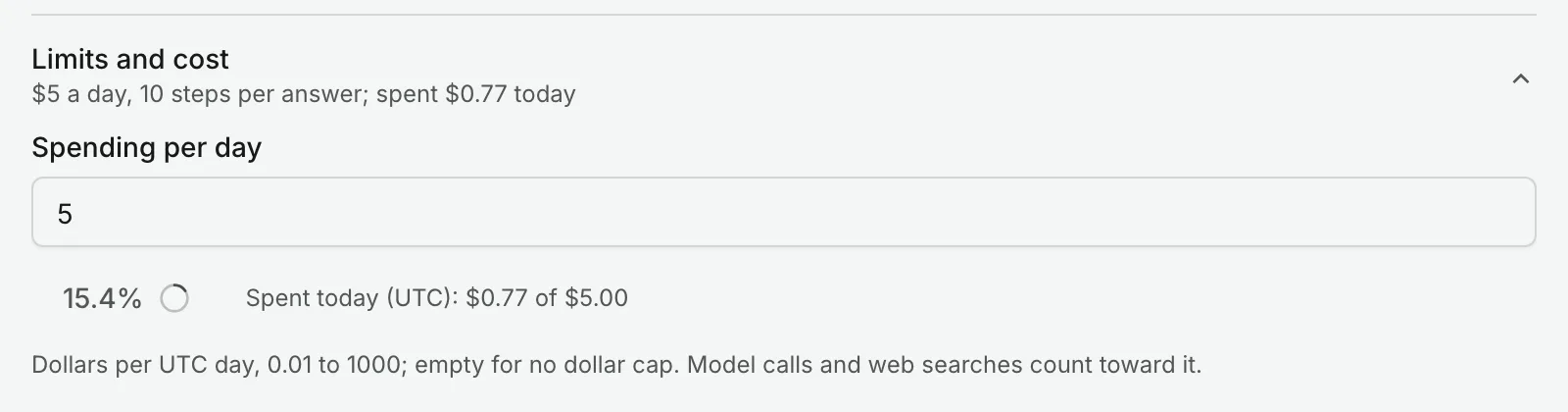 An agent's daily cost cap: five dollars a day, with today's spending against it.